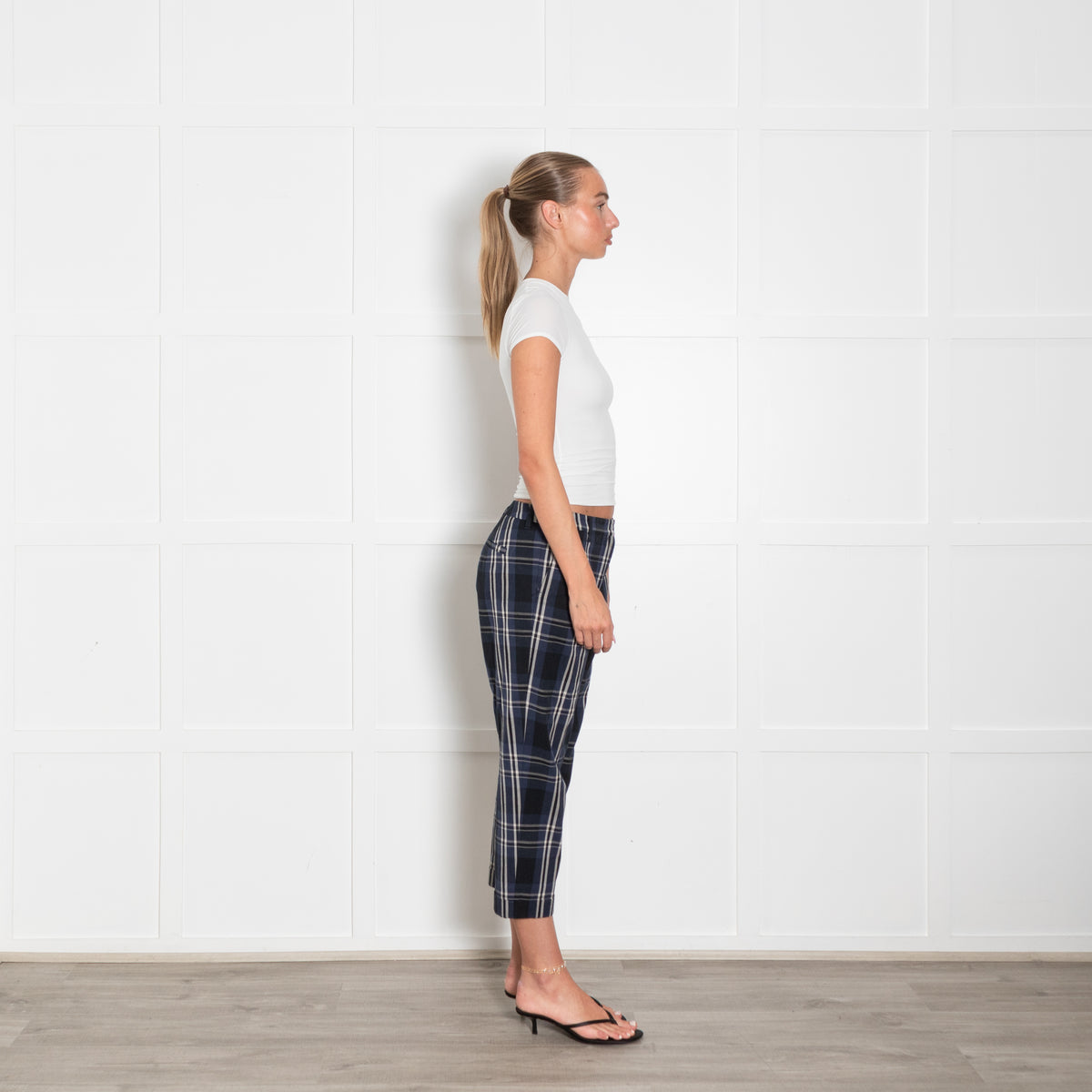 S Max Mara Navy Blue Cream Checked Cropped Trousers