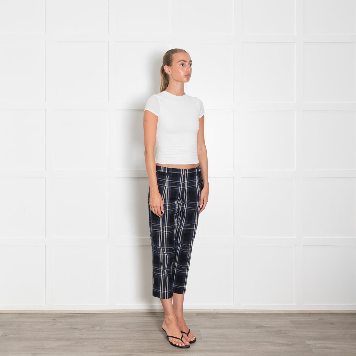 S Max Mara Navy Blue Cream Checked Cropped Trousers