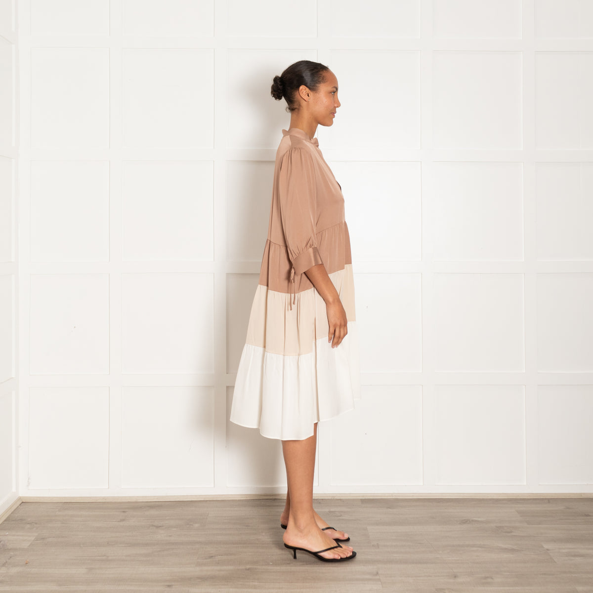 Silk95Five Brown & Cream Silk Tiered Dress