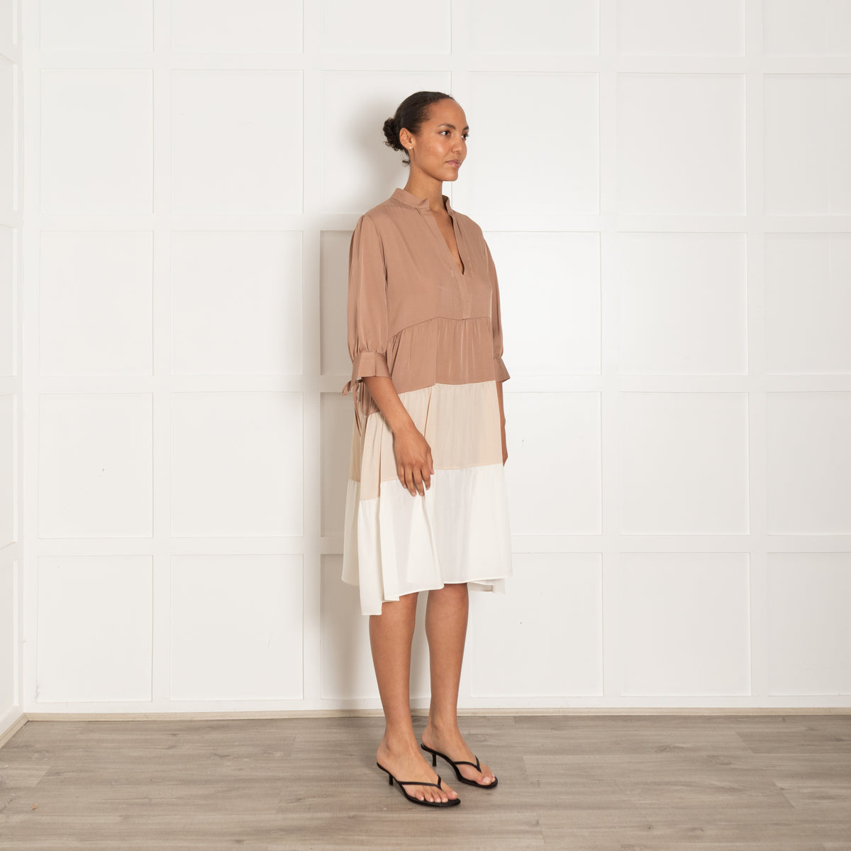 Silk95Five Brown & Cream Silk Tiered Dress