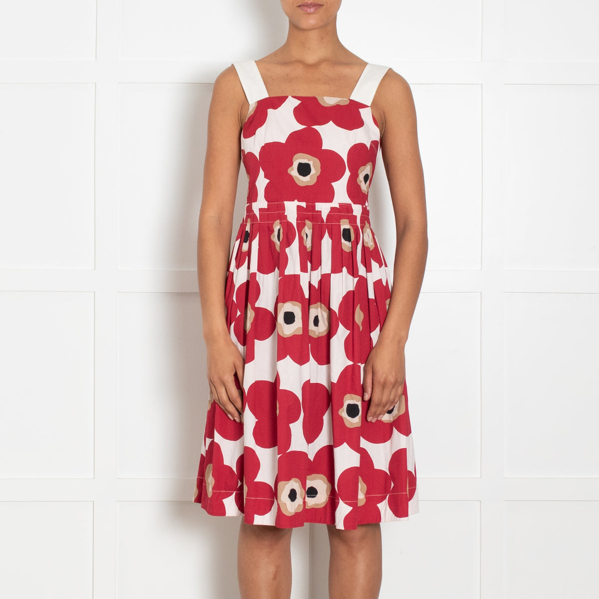 Dolce & Gabbana Cream Read Black Beige Abstract Flower Print Strappy Dress