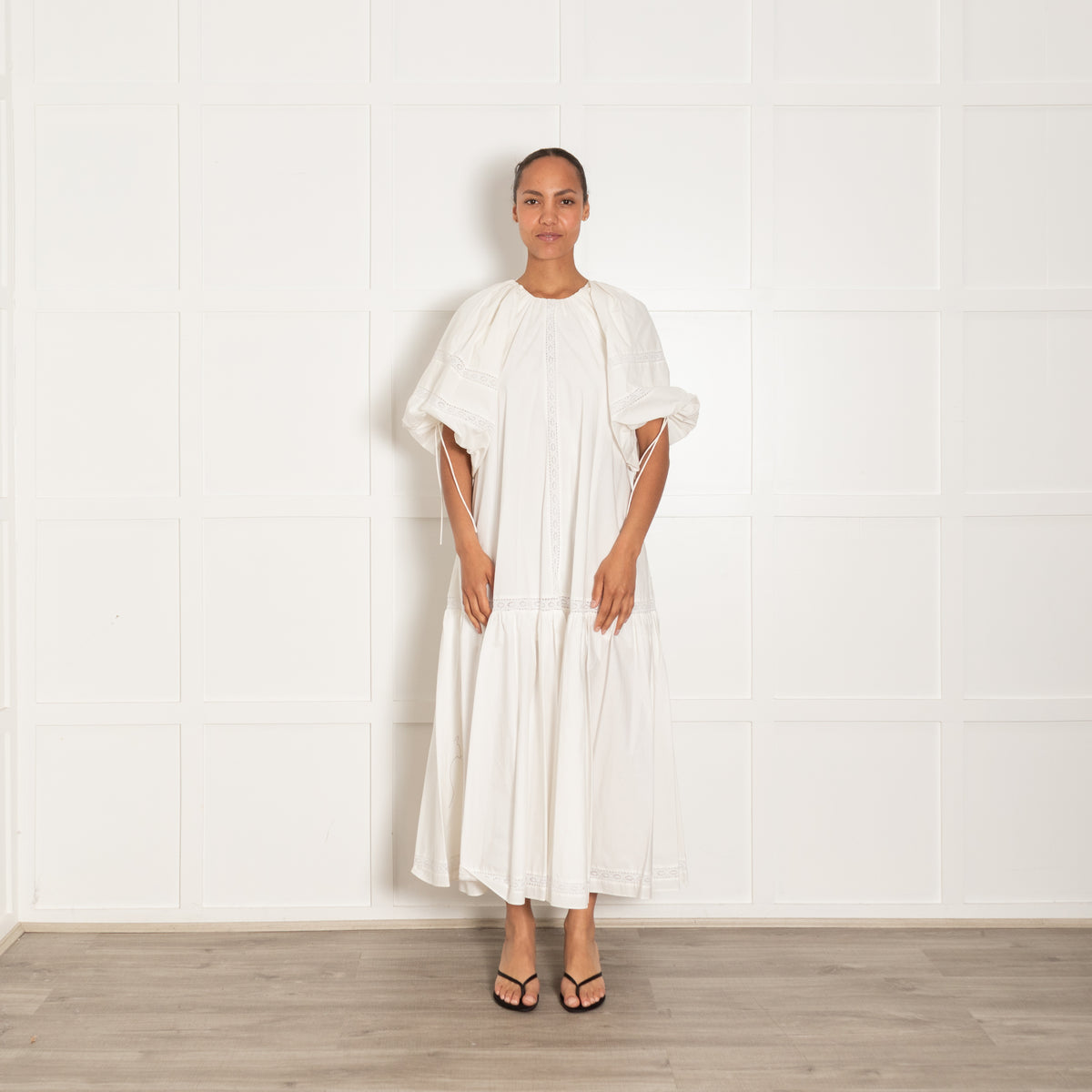 Joslin White Cotton Maxi Tiered Dress With Lace Detail