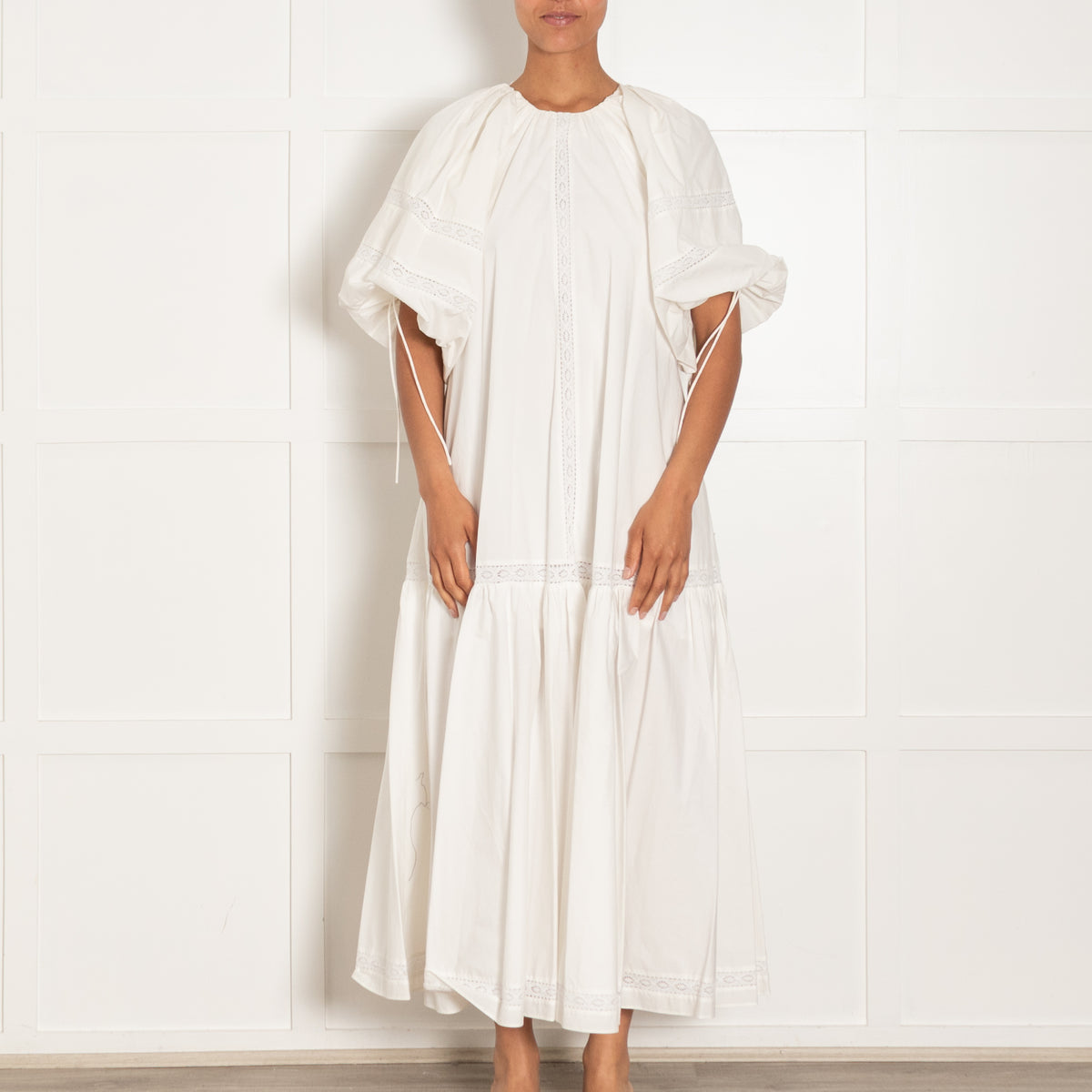 Joslin White Cotton Maxi Tiered Dress With Lace Detail