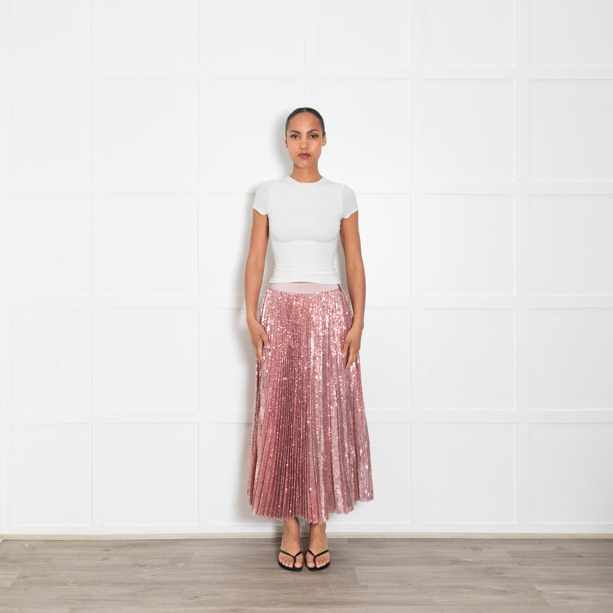 MSGM Pale Pink Pleated Sequinned Maxi Skirt