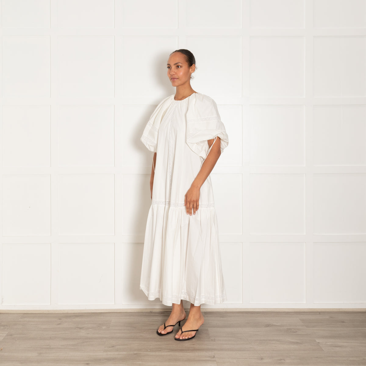Joslin White Cotton Maxi Tiered Dress With Lace Detail
