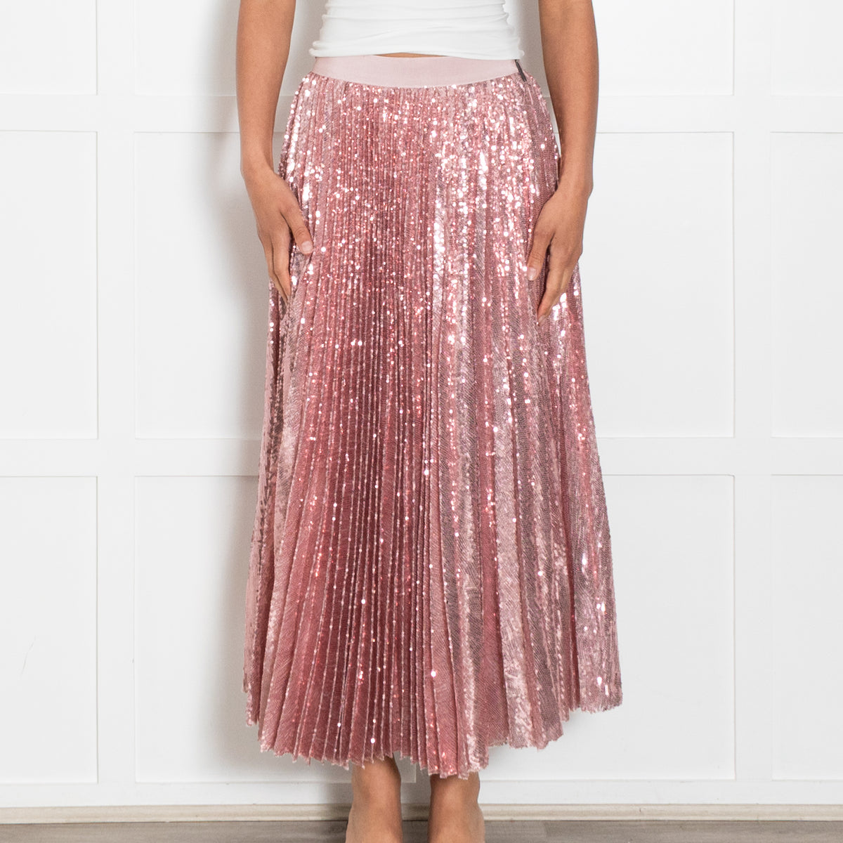MSGM Pale Pink Pleated Sequinned Maxi Skirt