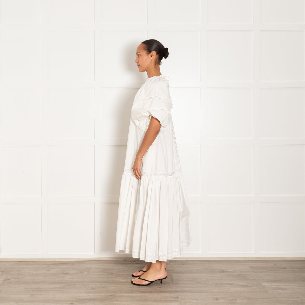 Joslin White Cotton Maxi Tiered Dress With Lace Detail