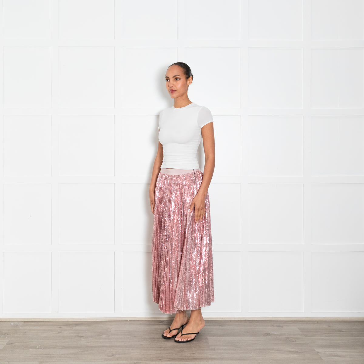MSGM Pale Pink Pleated Sequinned Maxi Skirt