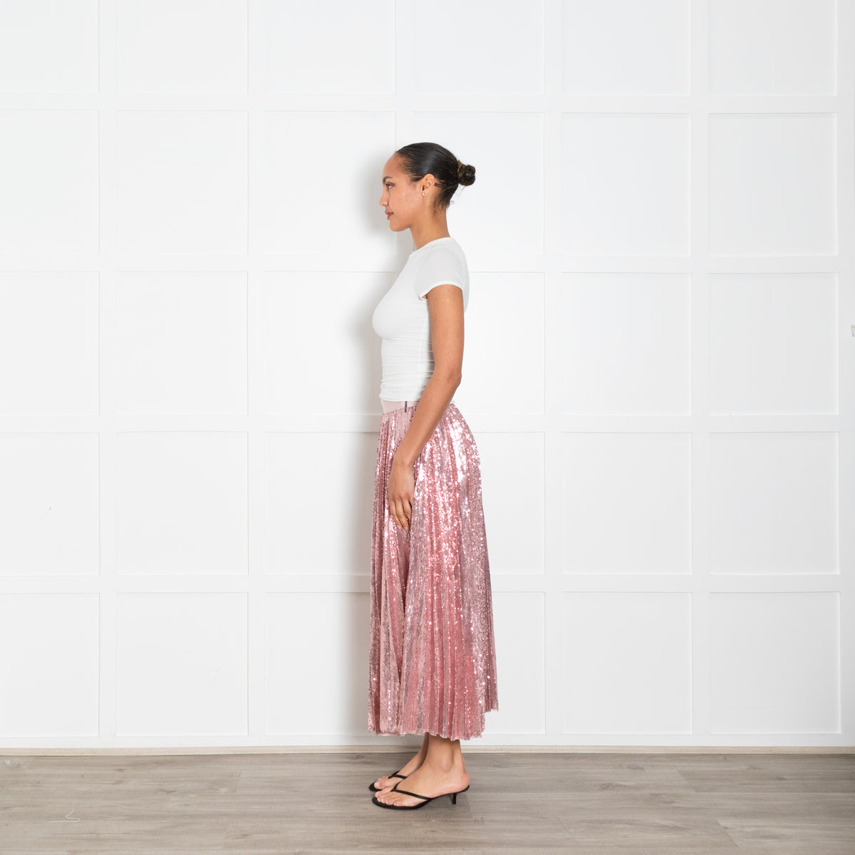 MSGM Pale Pink Pleated Sequinned Maxi Skirt