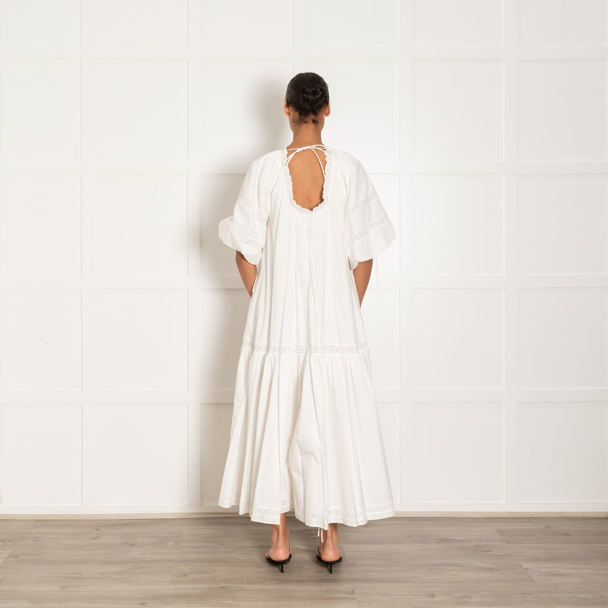 Joslin White Cotton Maxi Tiered Dress With Lace Detail