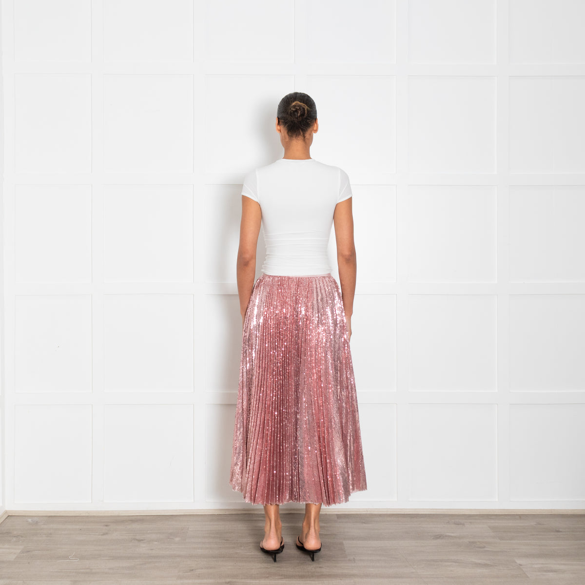 MSGM Pale Pink Pleated Sequinned Maxi Skirt