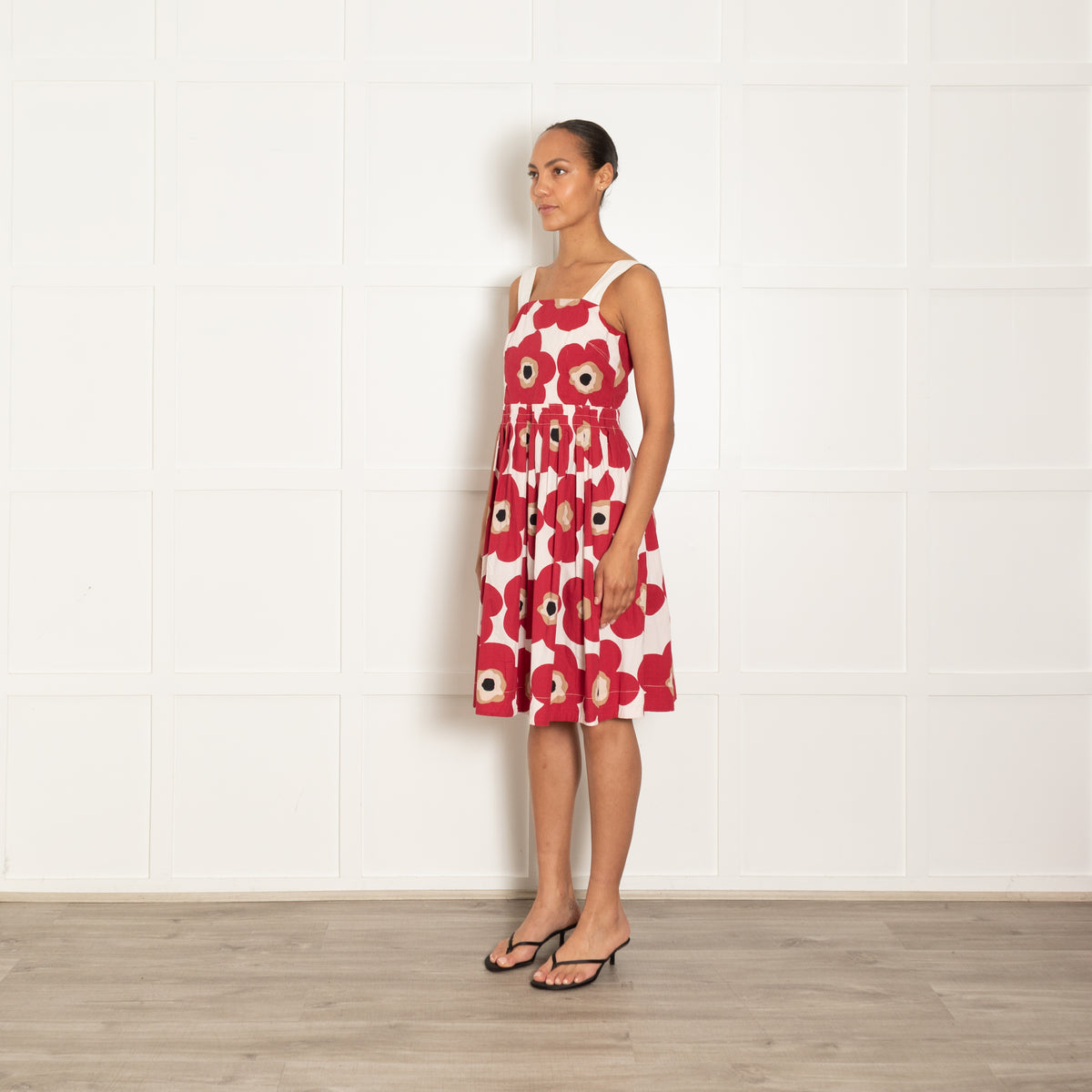 Dolce & Gabbana Cream Read Black Beige Abstract Flower Print Strappy Dress