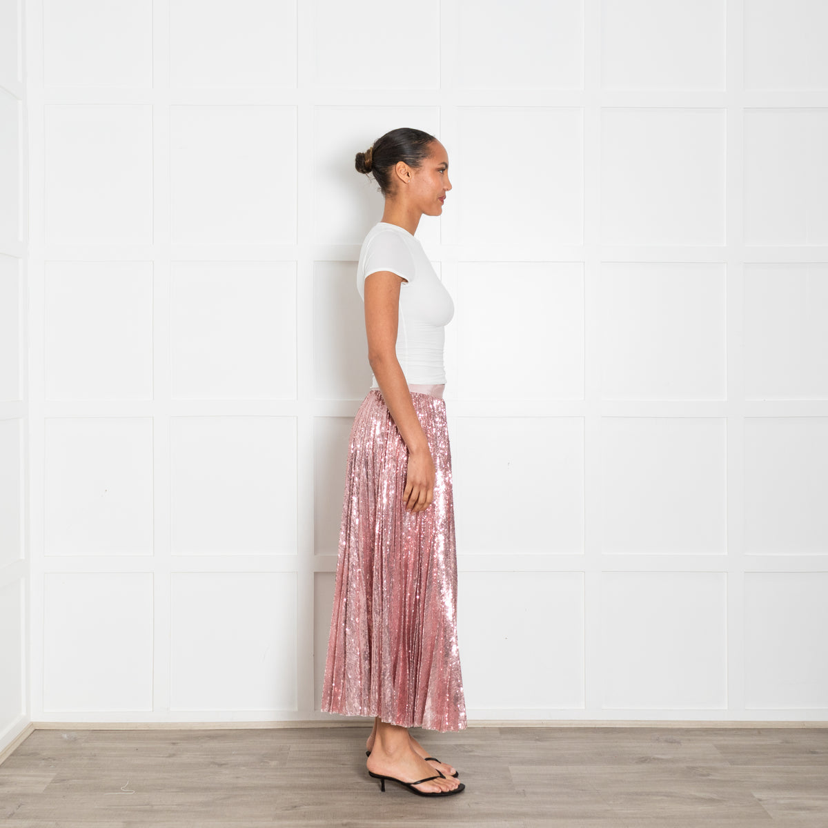 MSGM Pale Pink Pleated Sequinned Maxi Skirt
