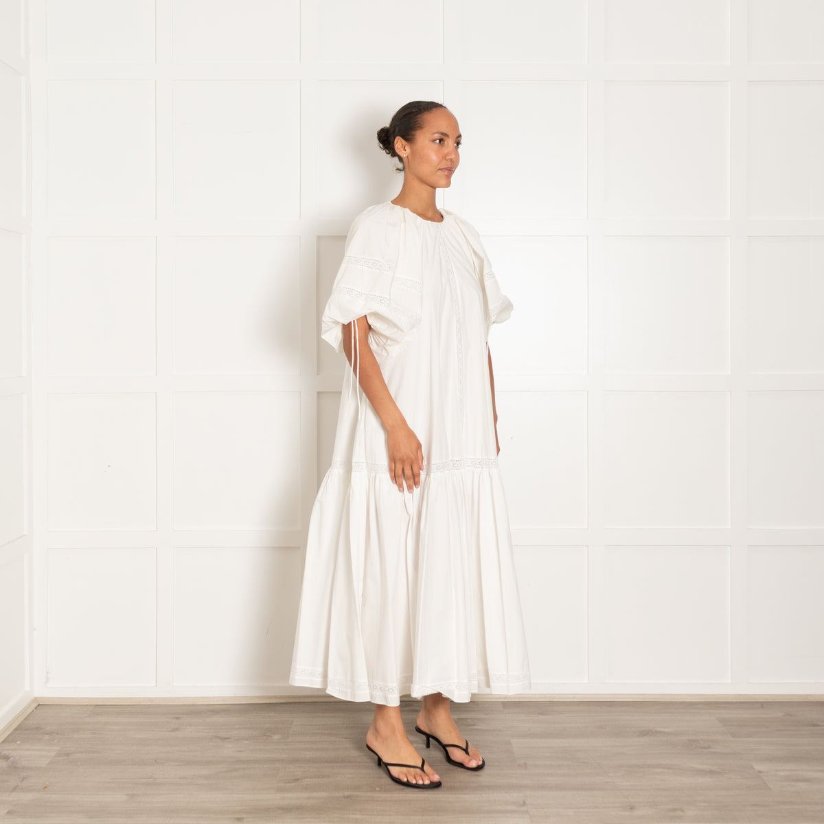 Joslin White Cotton Maxi Tiered Dress With Lace Detail