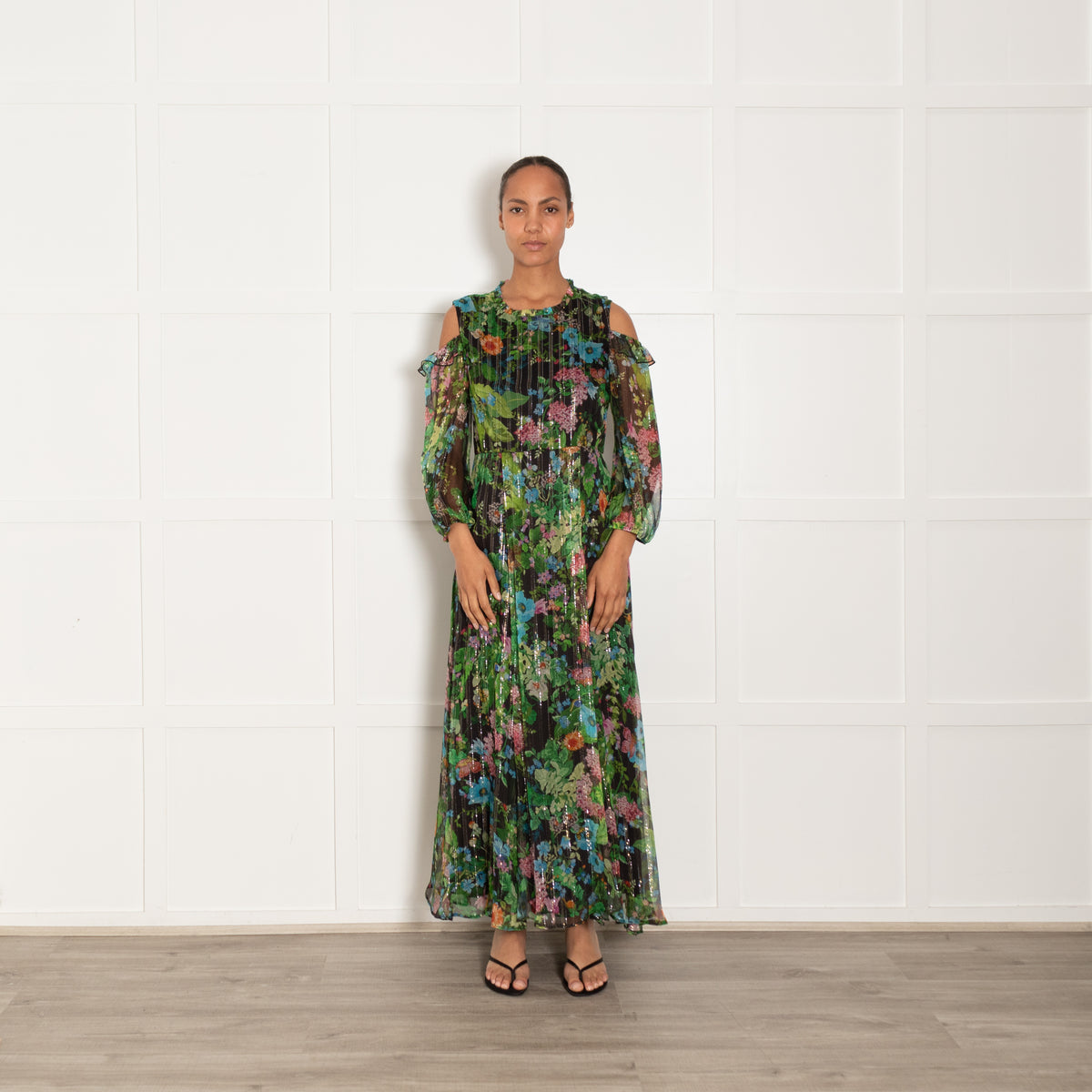 Max & Moi Green Floral Print Dress With Gold Lurex Thread