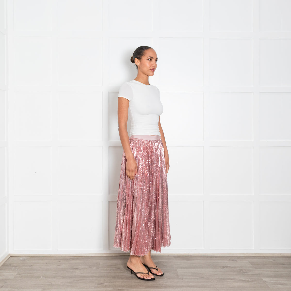 MSGM Pale Pink Pleated Sequinned Maxi Skirt