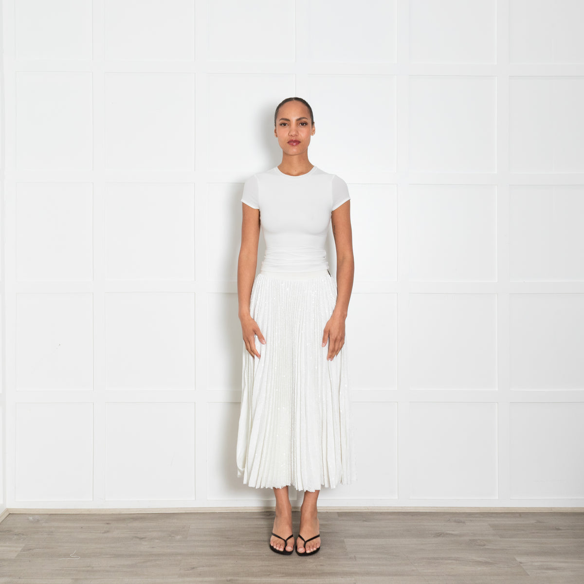 MSGM White Pleated Sequinned Maxi Skirt