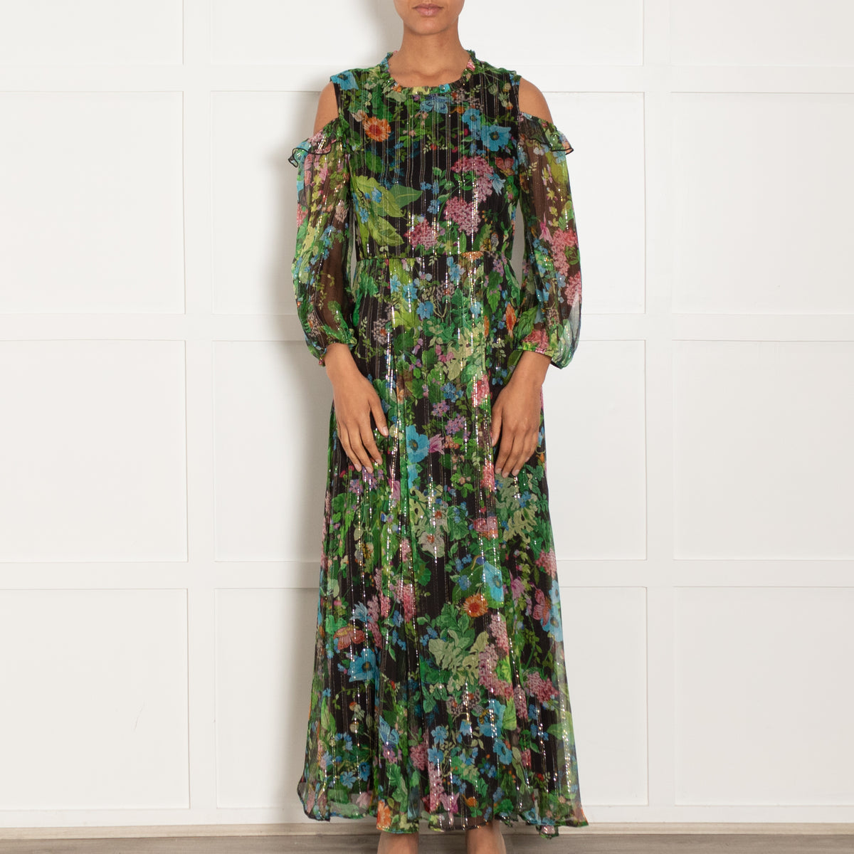 Max & Moi Green Floral Print Dress With Gold Lurex Thread