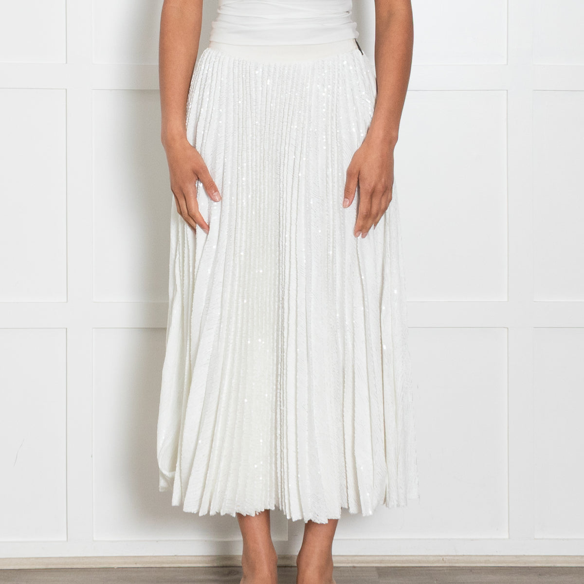 MSGM White Pleated Sequinned Maxi Skirt