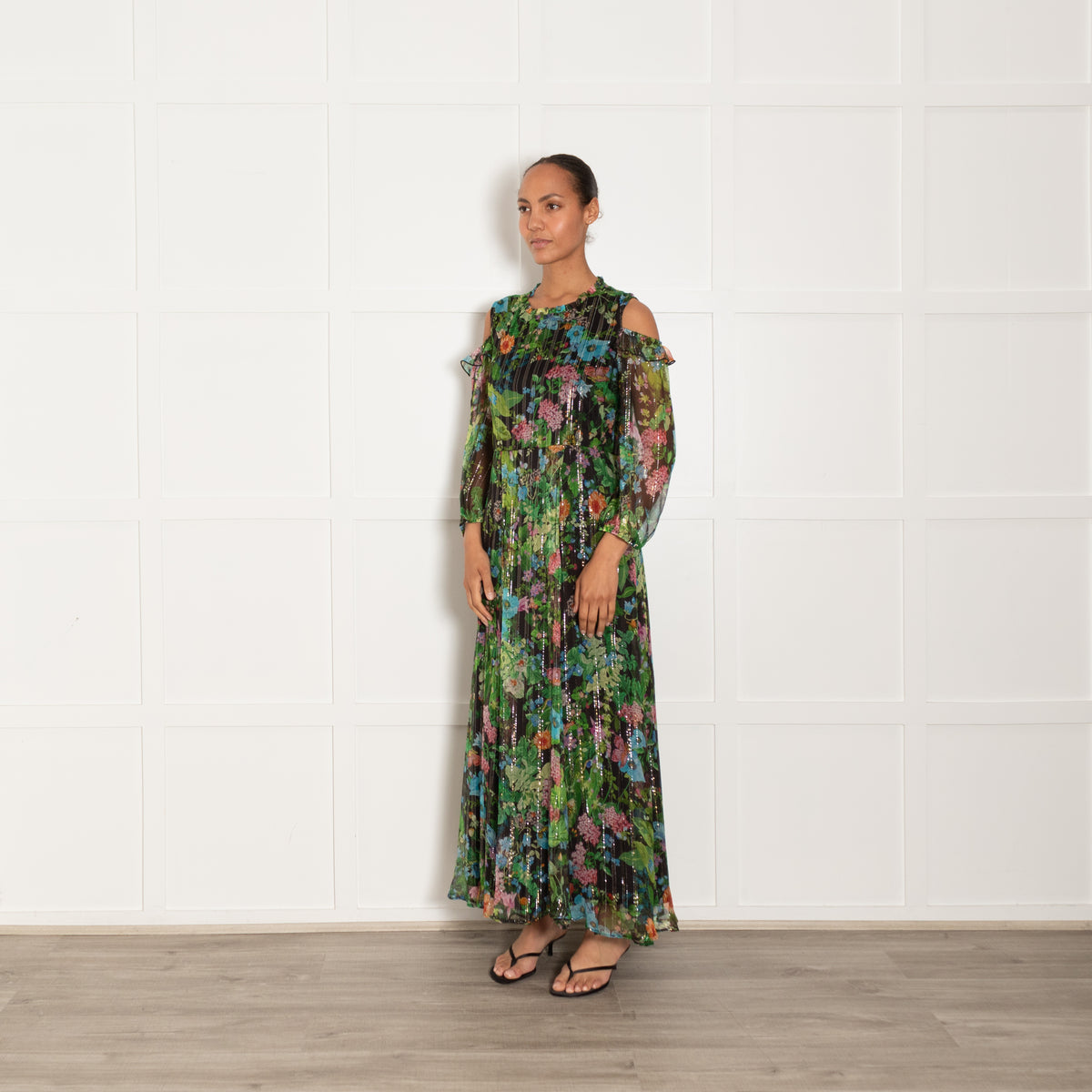 Max & Moi Green Floral Print Dress With Gold Lurex Thread