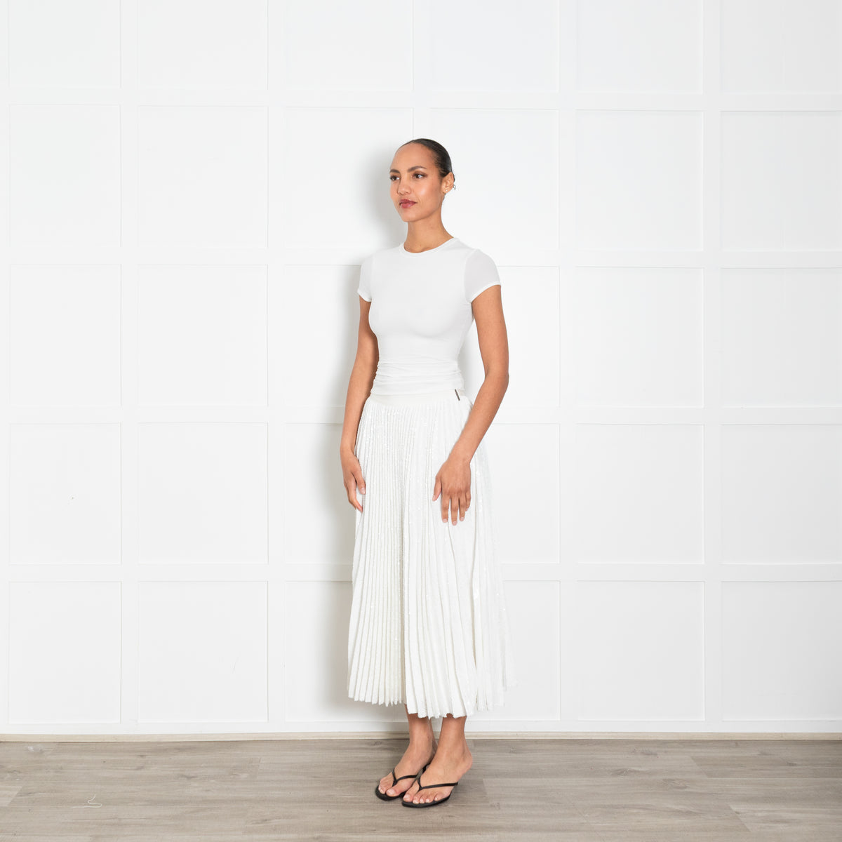 MSGM White Pleated Sequinned Maxi Skirt