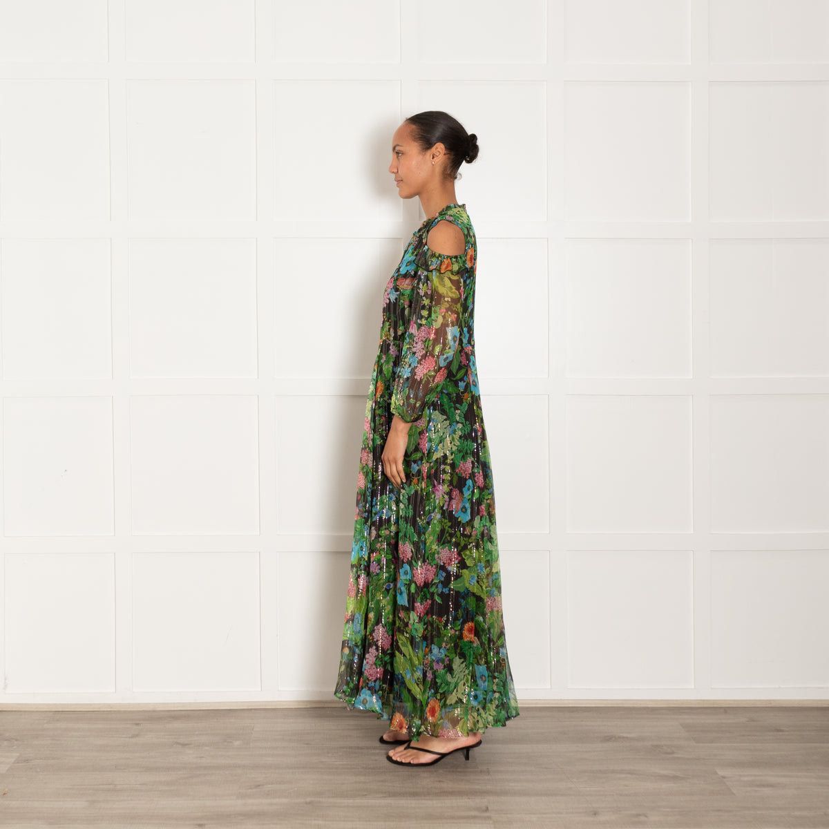 Max & Moi Green Floral Print Dress With Gold Lurex Thread
