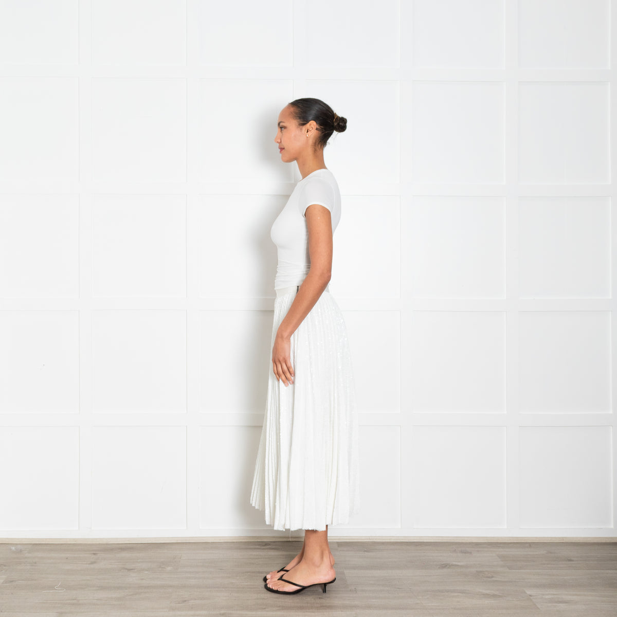 MSGM White Pleated Sequinned Maxi Skirt