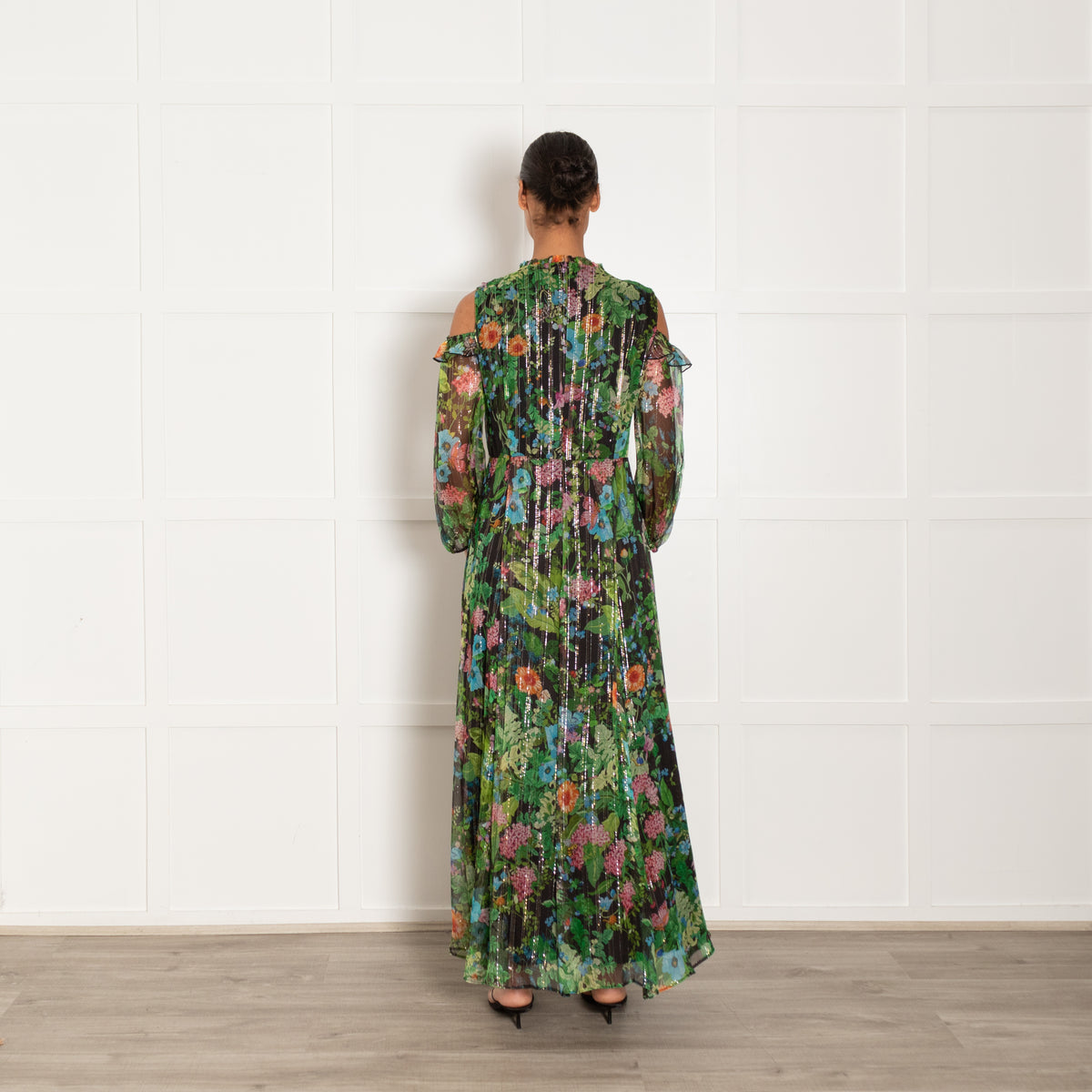 Max & Moi Green Floral Print Dress With Gold Lurex Thread