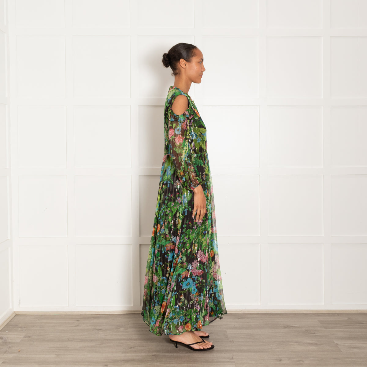 Max & Moi Green Floral Print Dress With Gold Lurex Thread