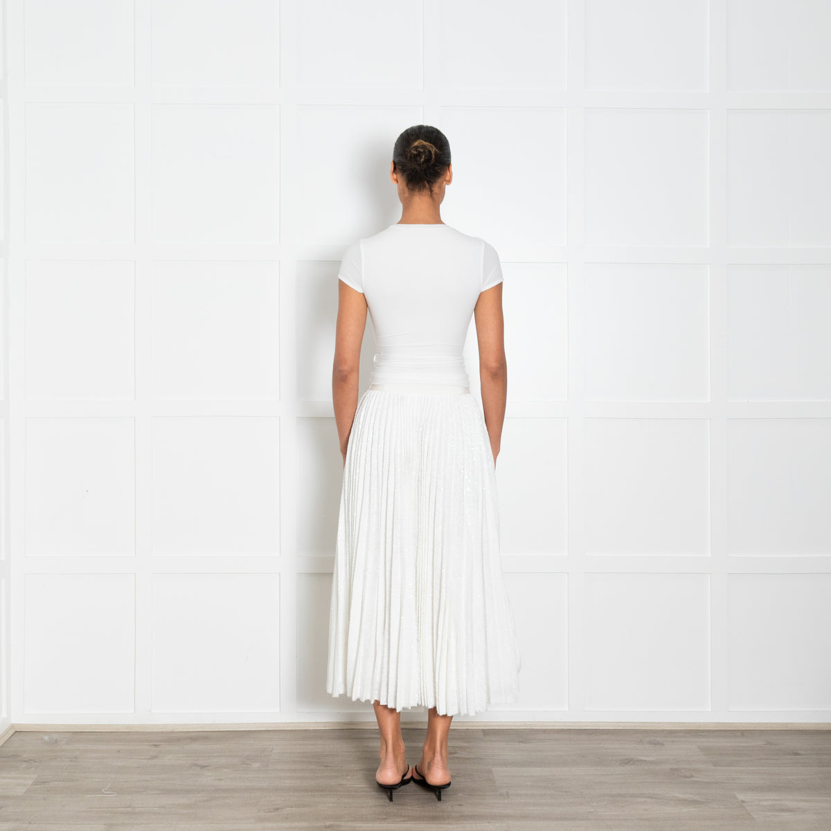 MSGM White Pleated Sequinned Maxi Skirt