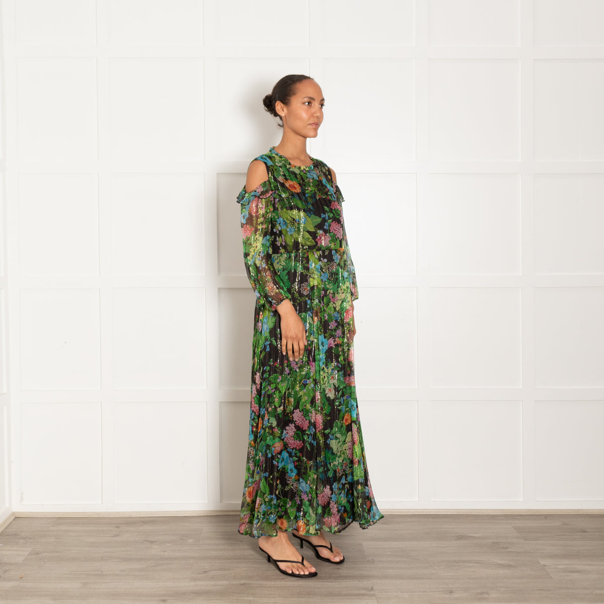 Max & Moi Green Floral Print Dress With Gold Lurex Thread