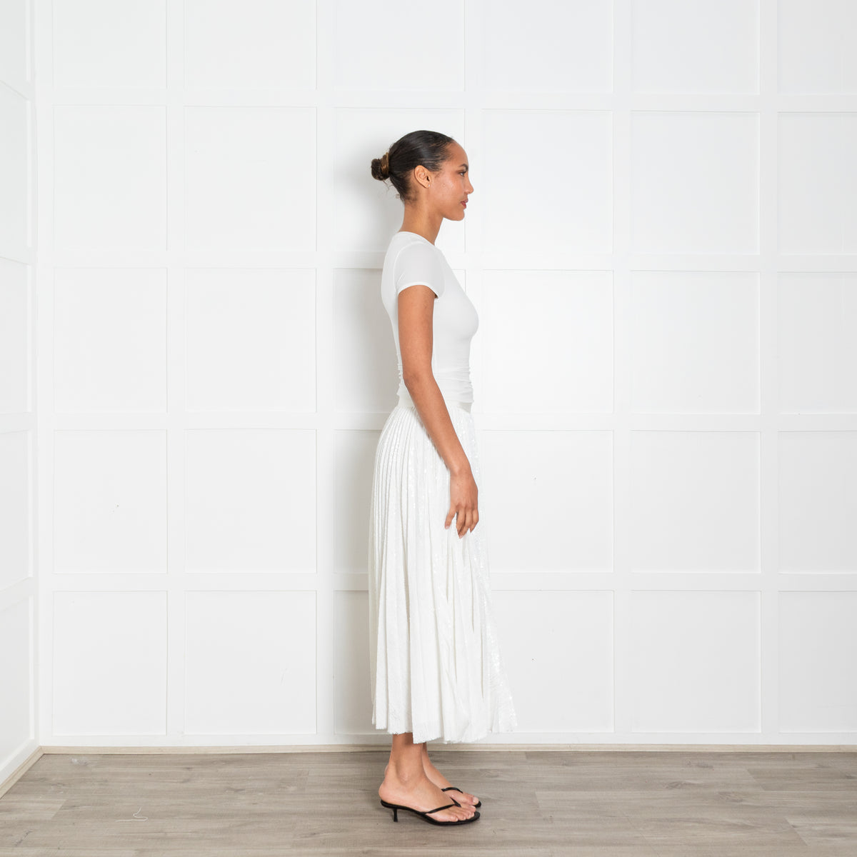 MSGM White Pleated Sequinned Maxi Skirt