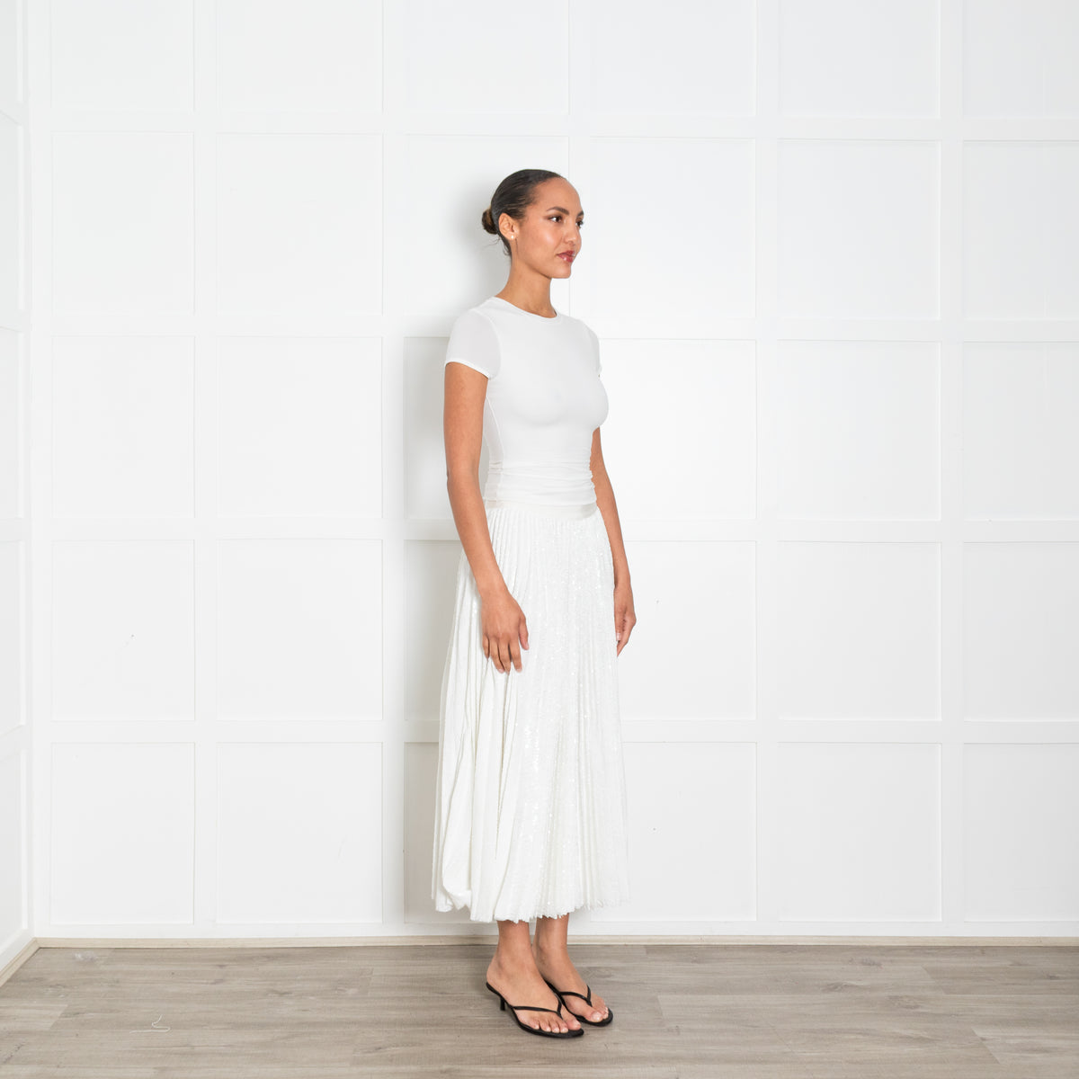 MSGM White Pleated Sequinned Maxi Skirt