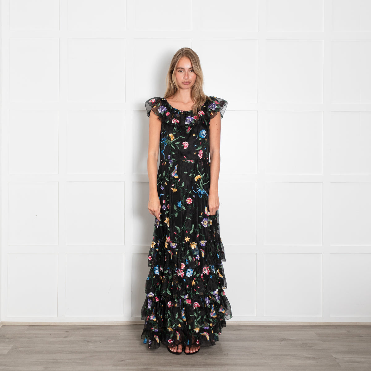Goat Black Lace Floral Maxi Tiered Dress