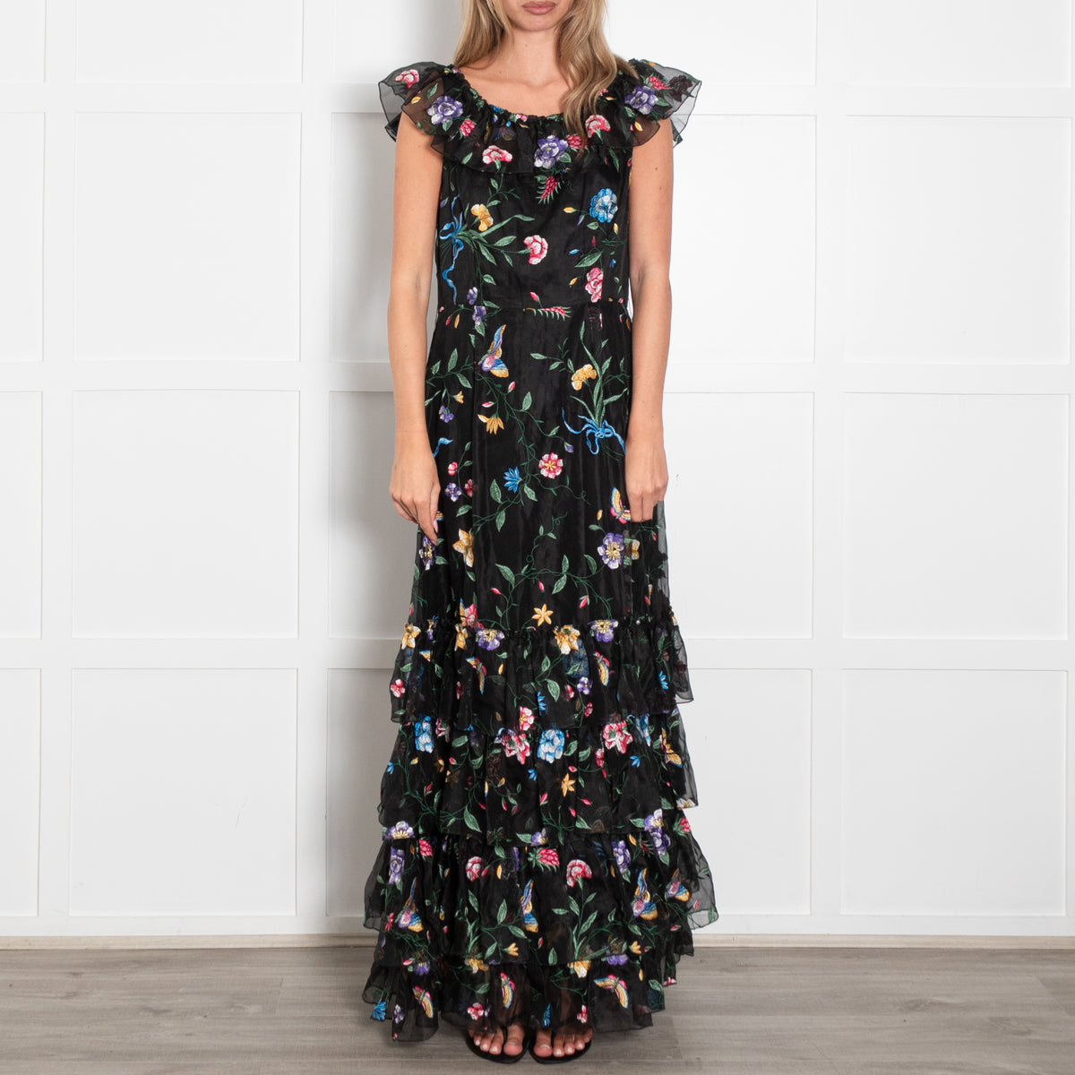 Goat Black Lace Floral Maxi Tiered Dress