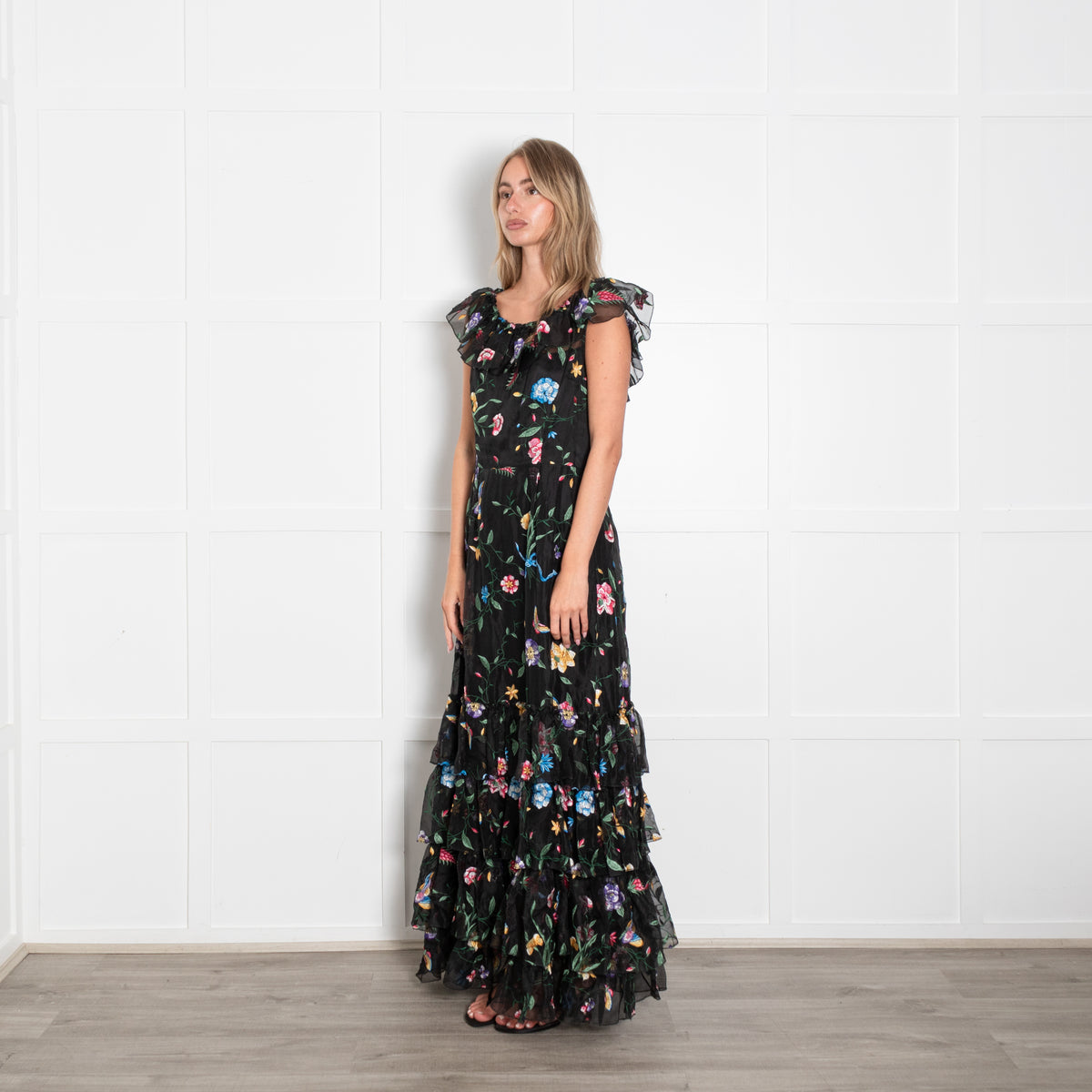 Goat Black Lace Floral Maxi Tiered Dress