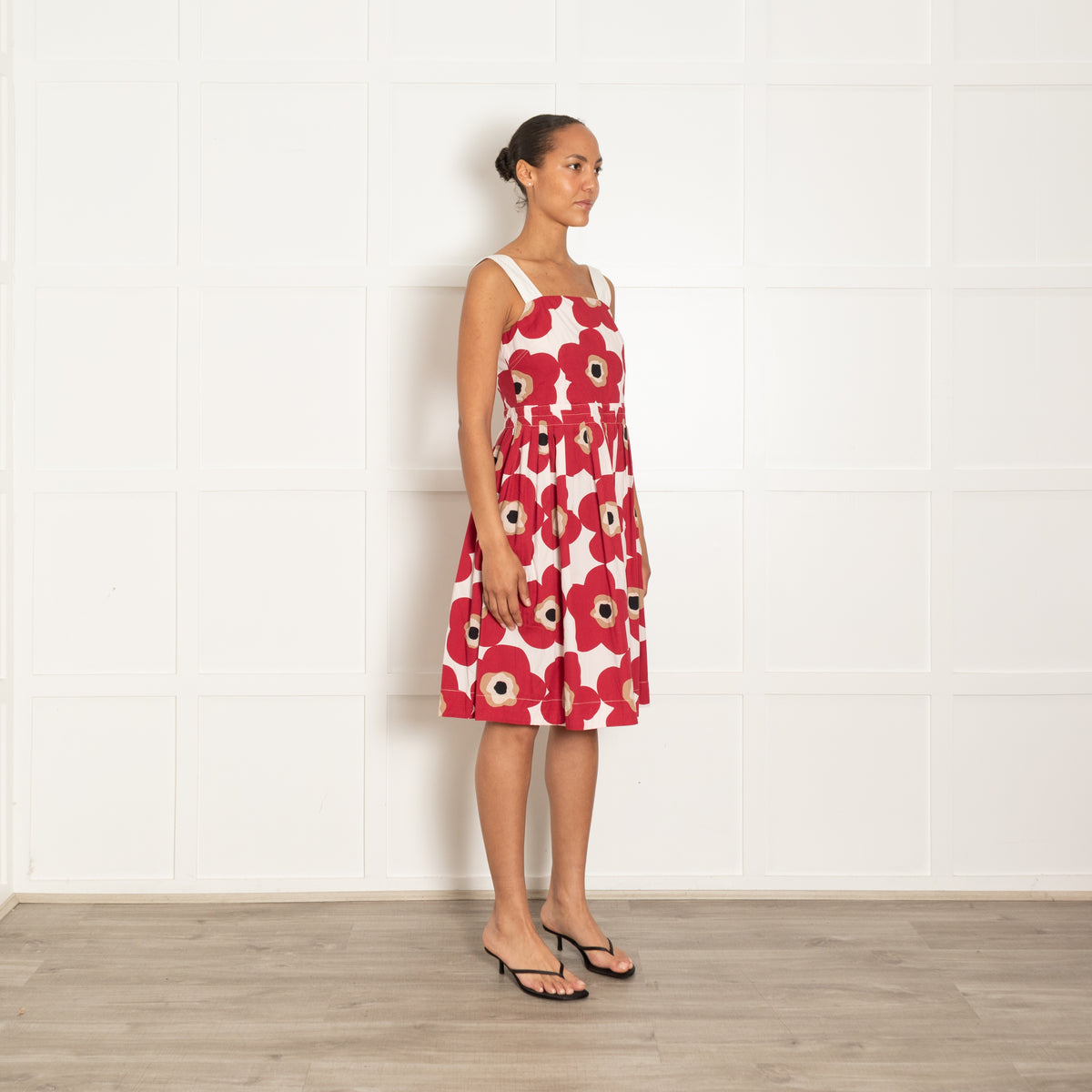 Dolce & Gabbana Cream Read Black Beige Abstract Flower Print Strappy Dress