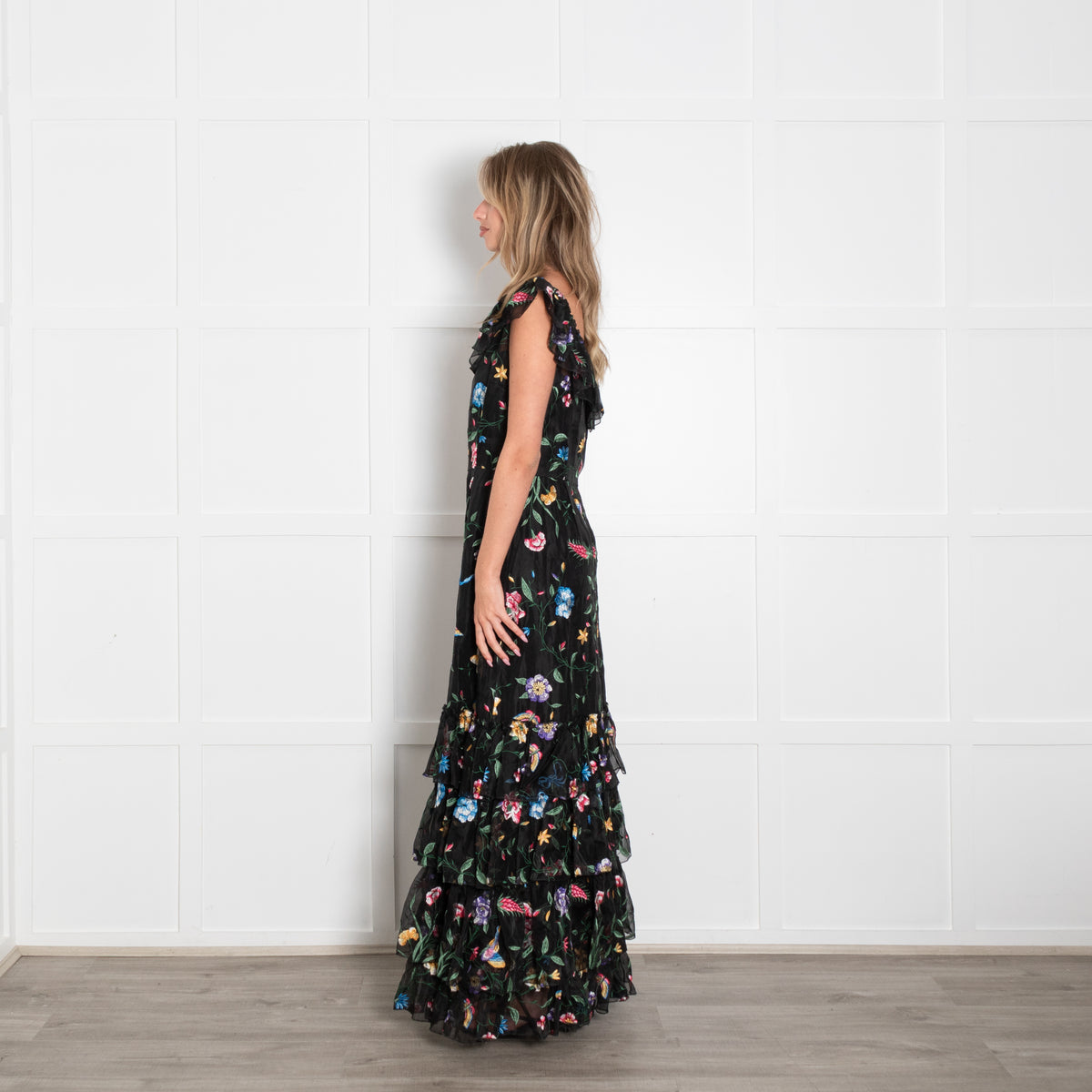 Goat Black Lace Floral Maxi Tiered Dress