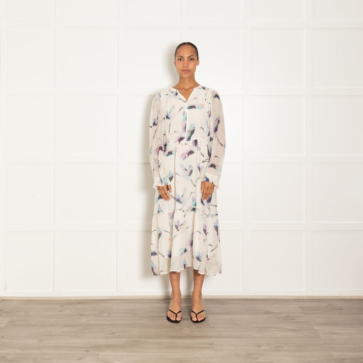 Pyrus White Blue Turquoise Pink Crane Print Sleeved Maxi Dress