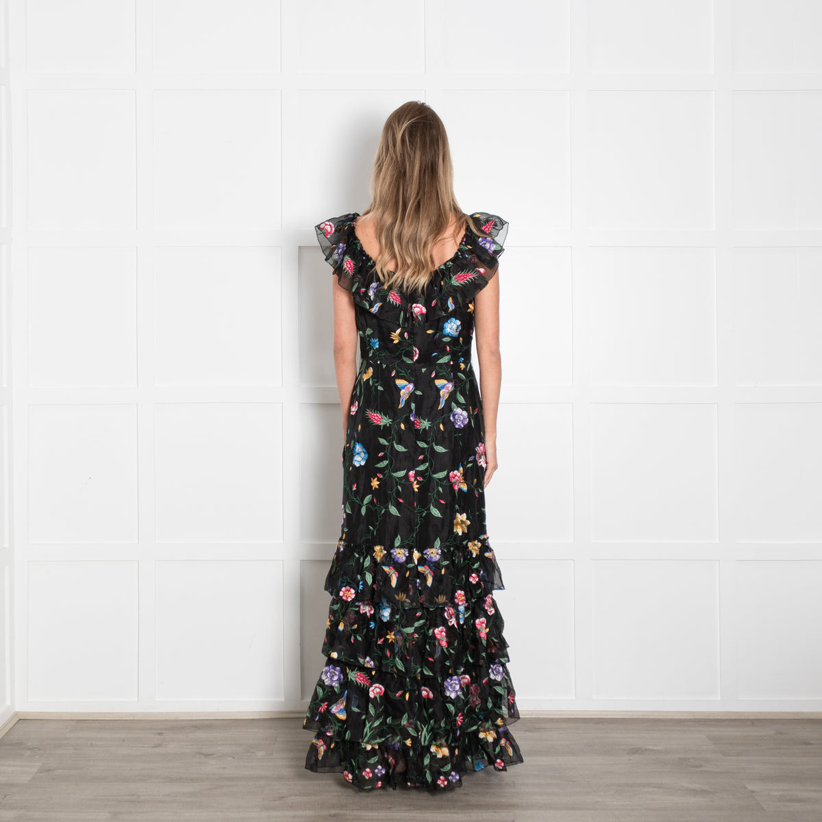 Goat Black Lace Floral Maxi Tiered Dress