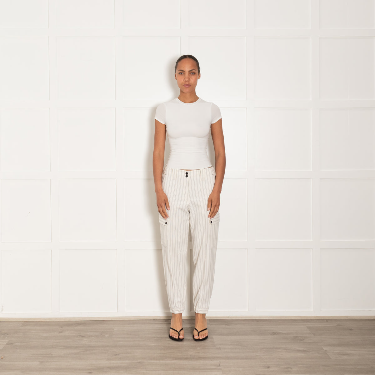 Me + Em Cream & Black Pinstripe Gathered Hem Trousers With Side Pockets