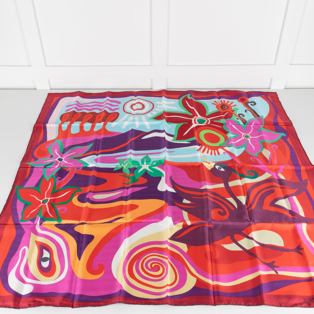 Longchamp Multi Print Silk Wave Tropical Scarf