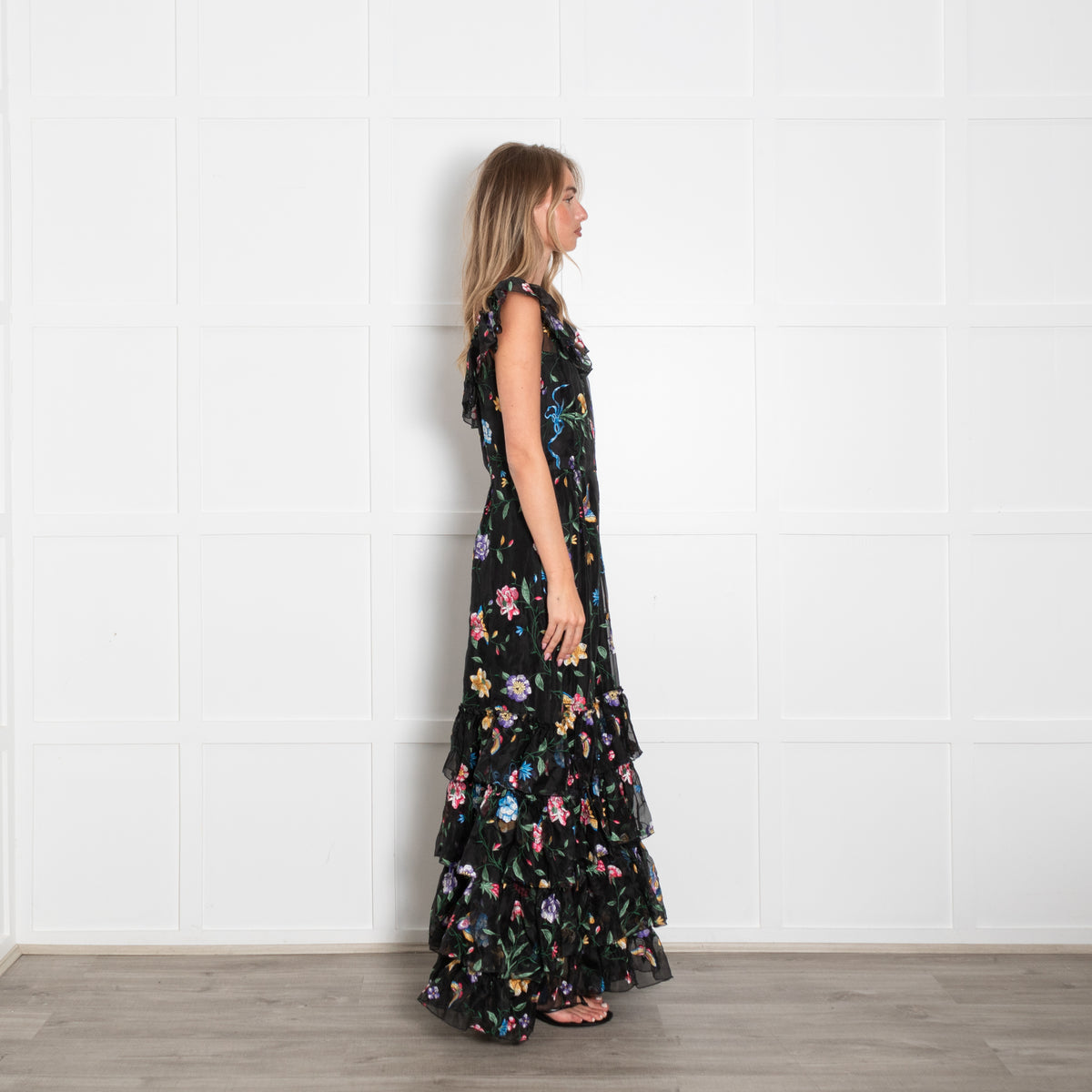 Goat Black Lace Floral Maxi Tiered Dress