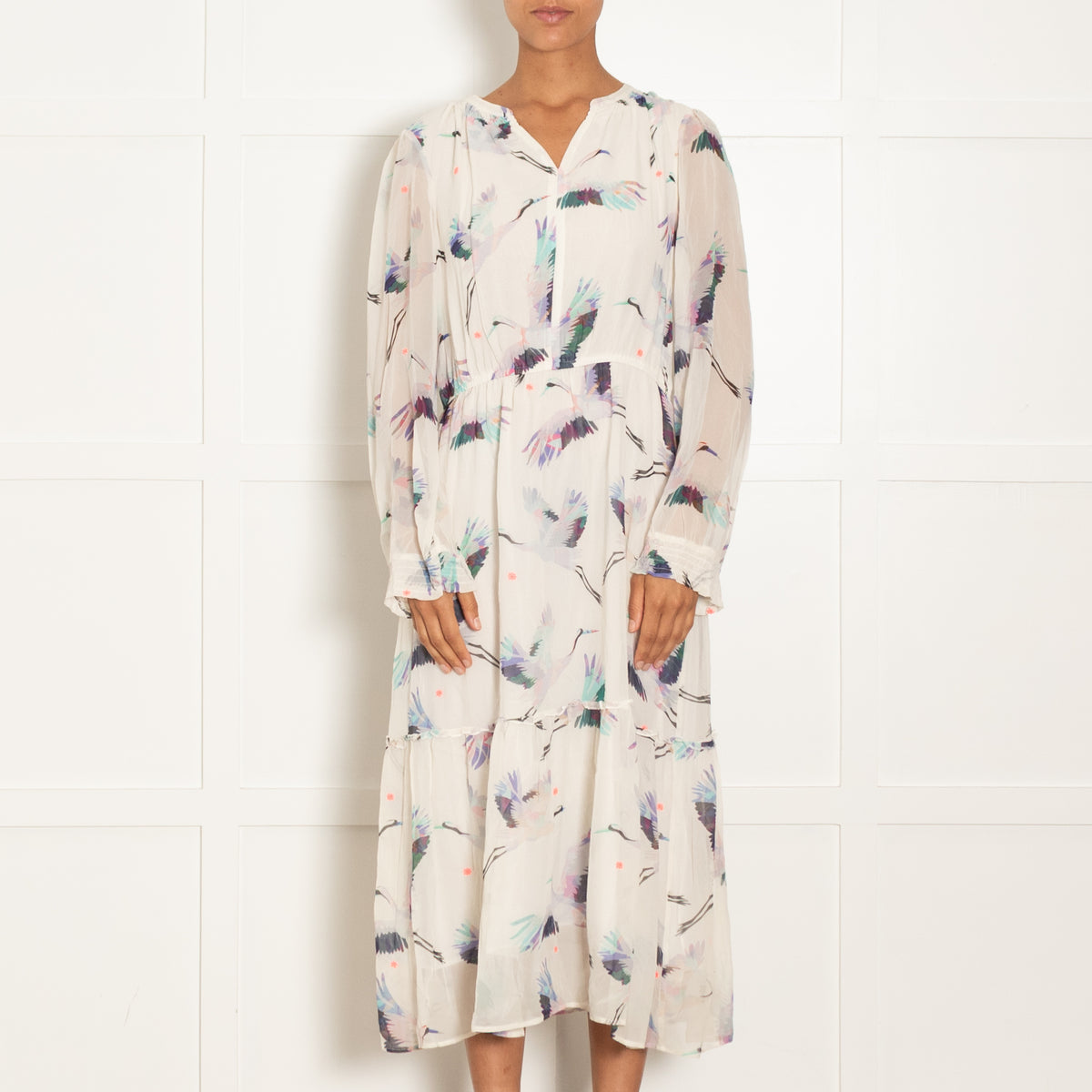 Pyrus White Blue Turquoise Pink Crane Print Sleeved Maxi Dress