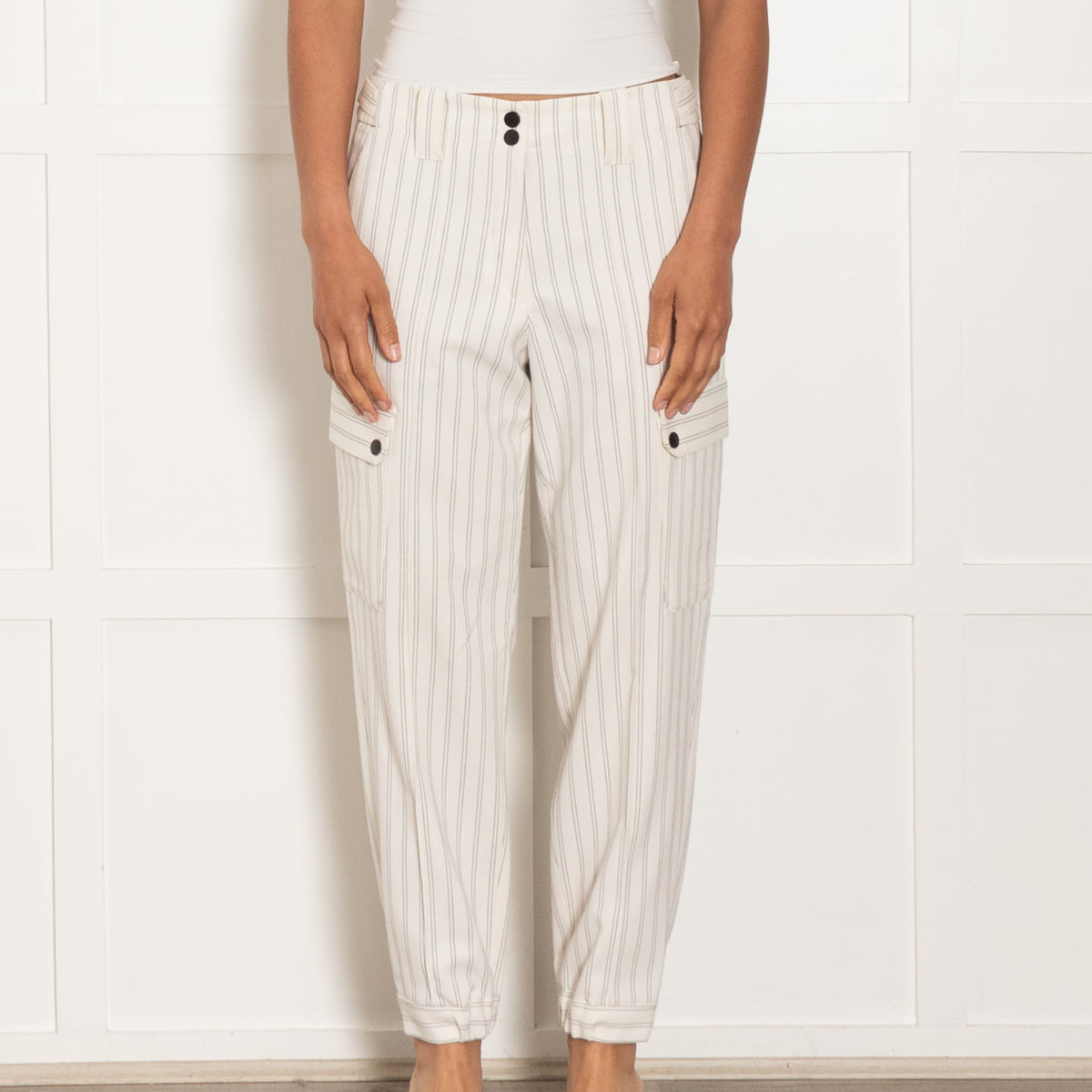 Me + Em Cream & Black Pinstripe Gathered Hem Trousers With Side Pockets