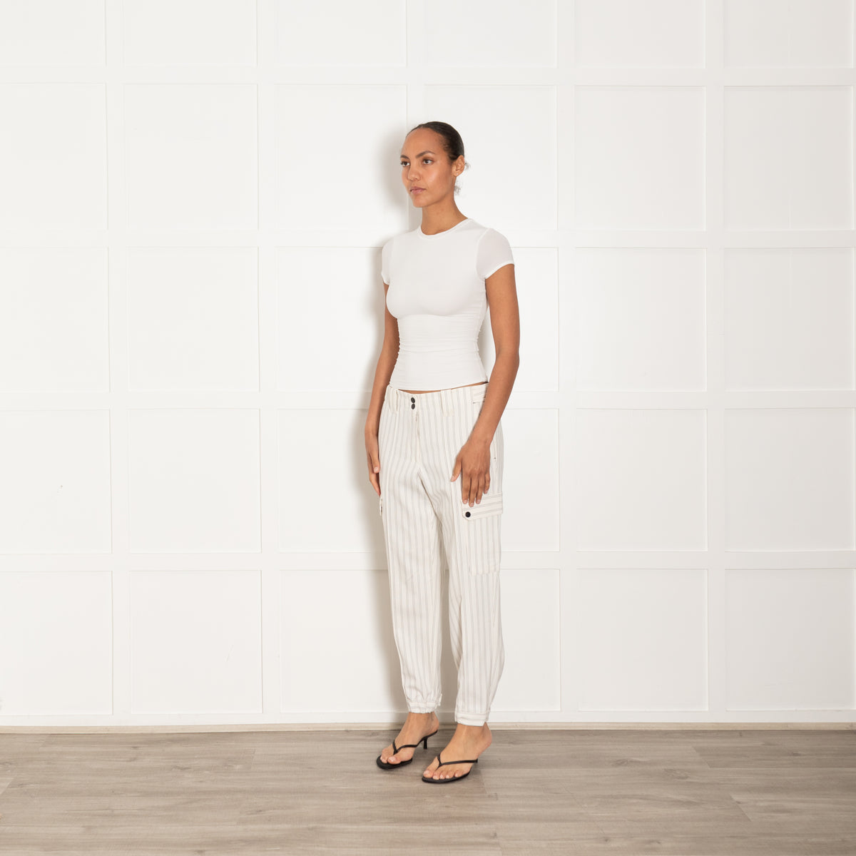 Me + Em Cream & Black Pinstripe Gathered Hem Trousers With Side Pockets