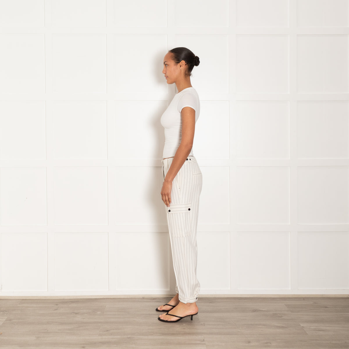 Me + Em Cream & Black Pinstripe Gathered Hem Trousers With Side Pockets