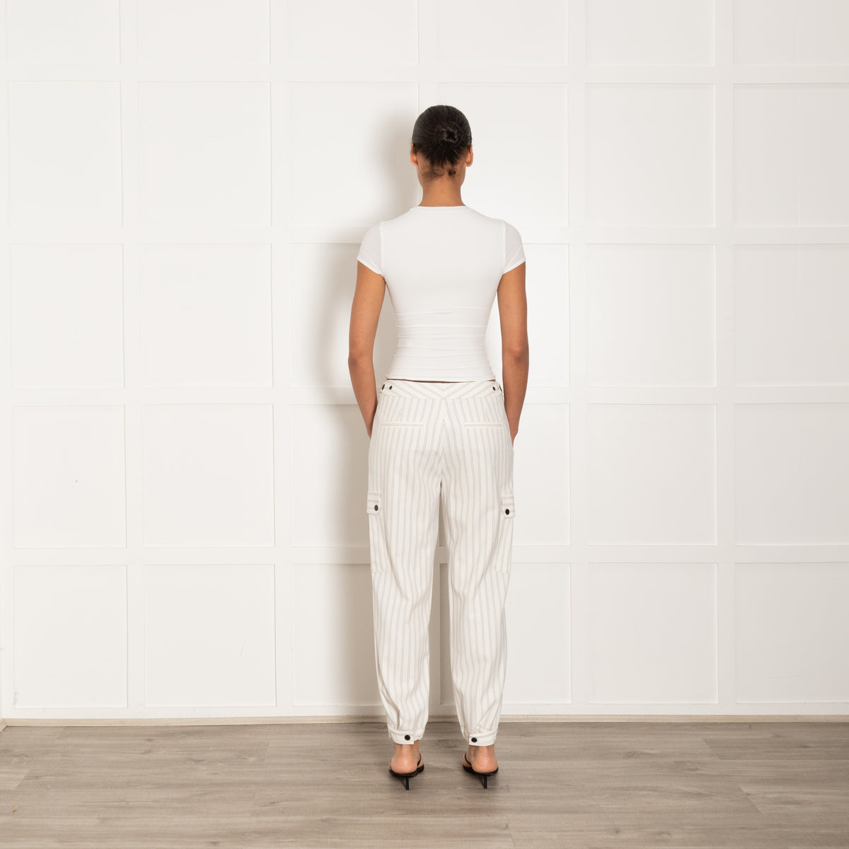 Me + Em Cream & Black Pinstripe Gathered Hem Trousers With Side Pockets