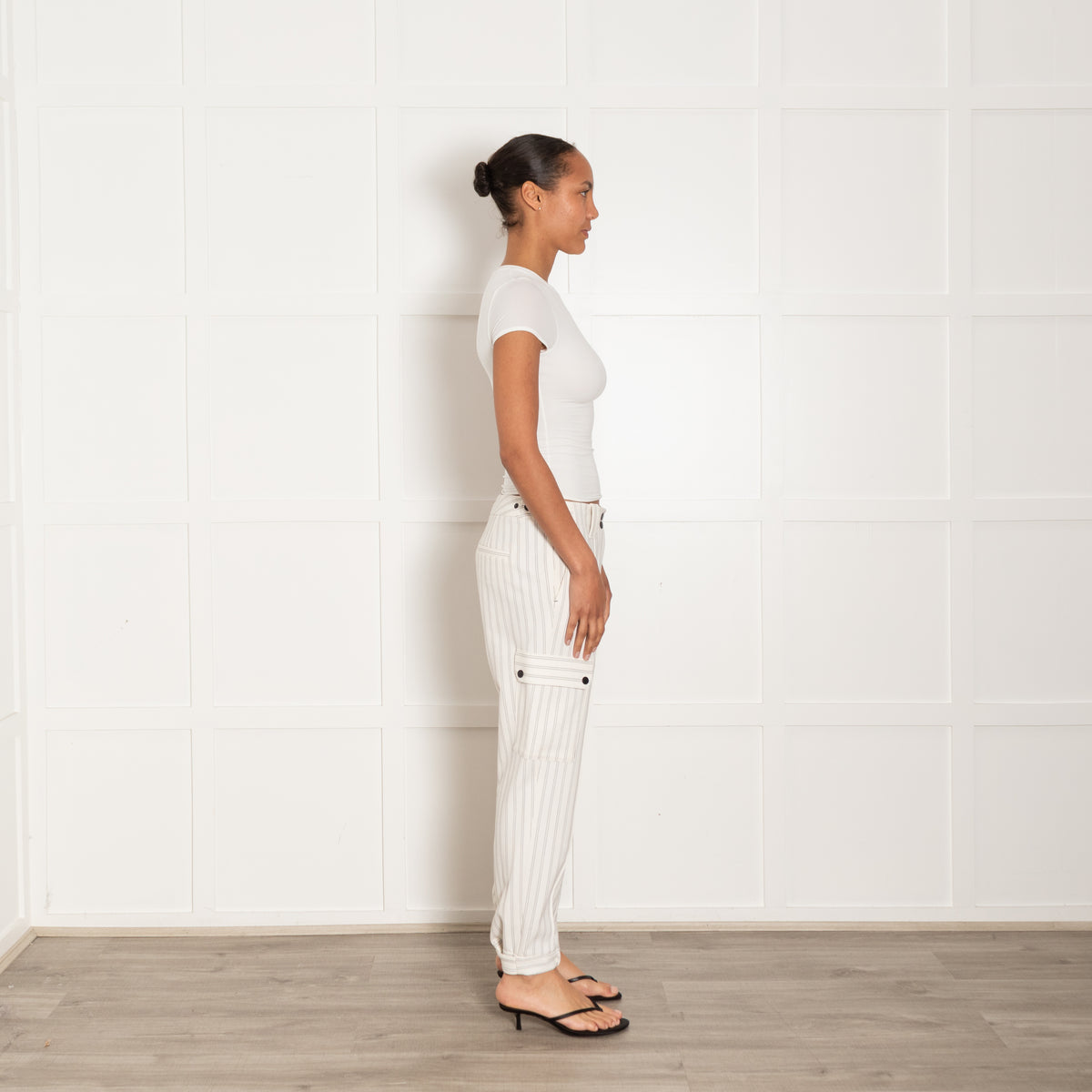 Me + Em Cream & Black Pinstripe Gathered Hem Trousers With Side Pockets
