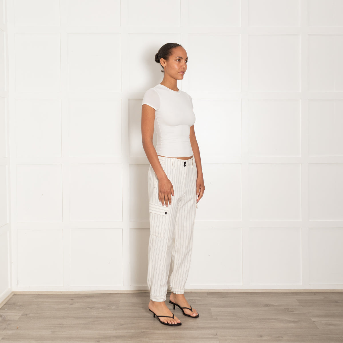 Me + Em Cream & Black Pinstripe Gathered Hem Trousers With Side Pockets
